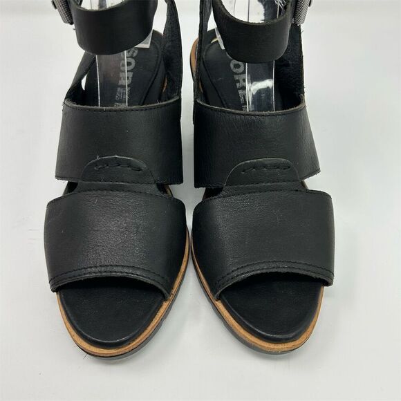 Sorel Women's Black Leather Ankle Strap Buckle Wedge Sandals Size 8 - Picture 5 of 11